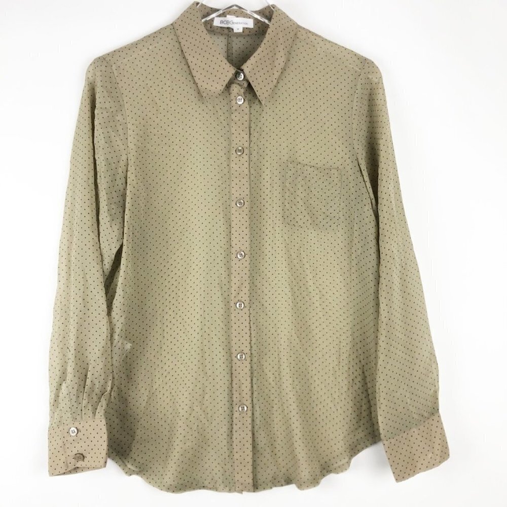 BCBGeneration Sheer Blouse Women's Size M Tan Black Print Back Split Button Down